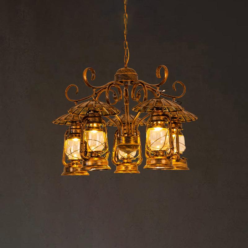Aged Brass Lantern Suspension Light Village Style Chandelier - Rebooters