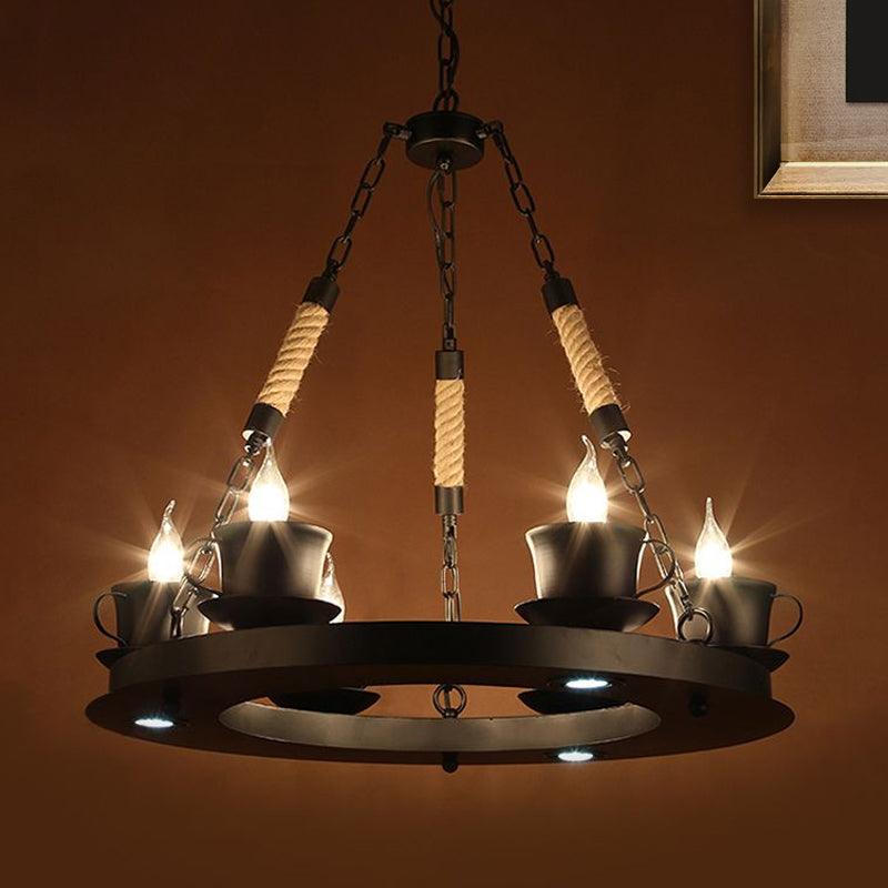 6-Light Ring Chandelier Light Country Style Black Metal Pendant - Rebooters