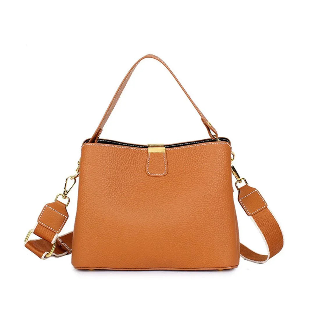 Brown leather handbag with gold hardware and detachable shoulder strap on white background
