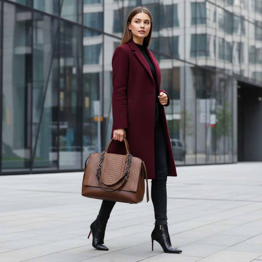 Woman in burgundy coat with brown leather handbag and black boots in cityscape