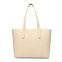 Beige leather tote bag with double shoulder straps on white background