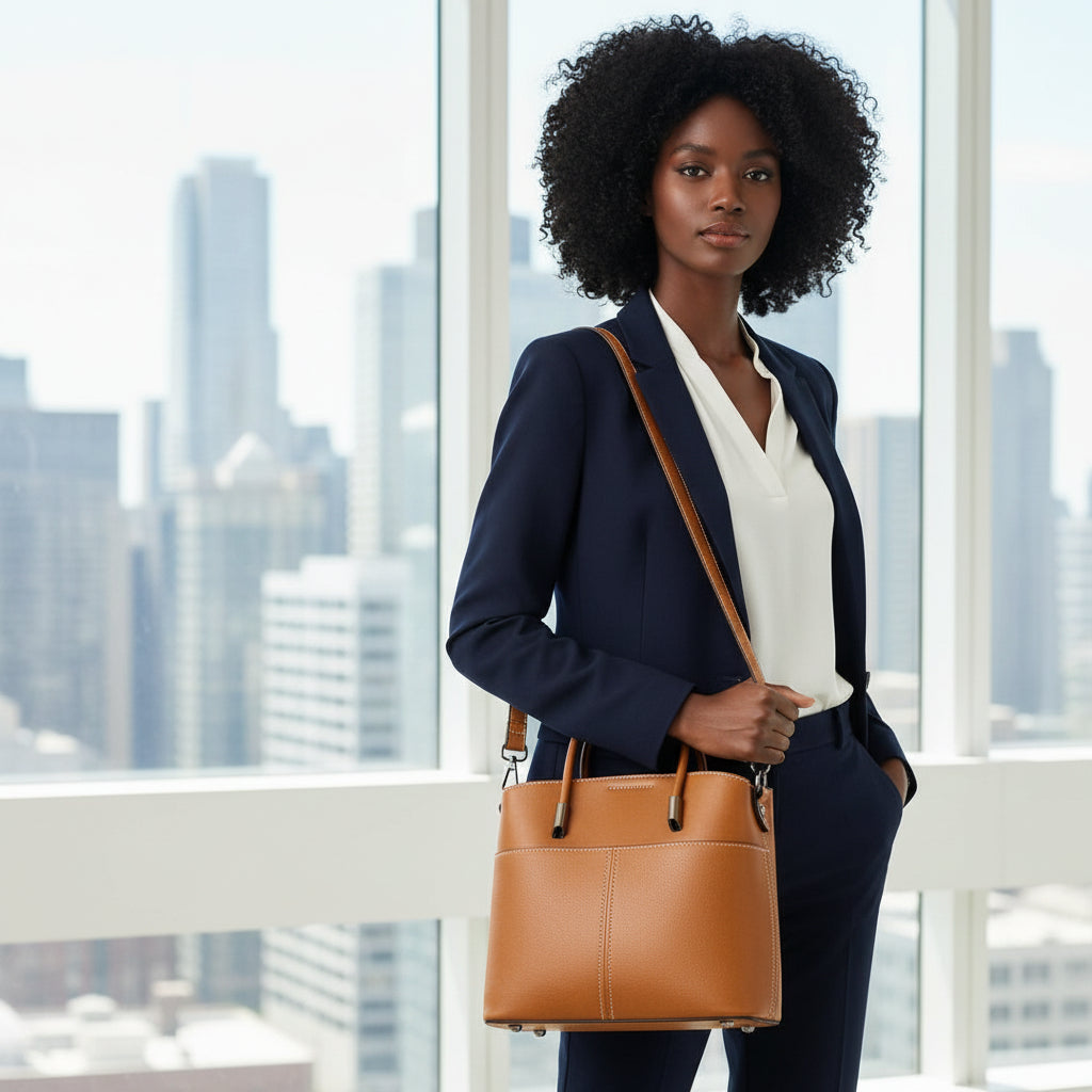 Professional woman in navy suit with tan leather shoulder bag in modern office setting