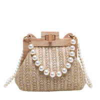 Woven straw handbag with wooden frame and pearl beaded strap, stylish summer purse