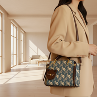 Blue handbag with cat design held by a person wearing a beige coat.