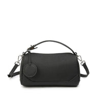 Black leather barrel handbag with top handle, shoulder strap, and round coin pouch.
