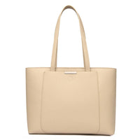 Beige leather tote bag with double shoulder straps and front pocket on white background
