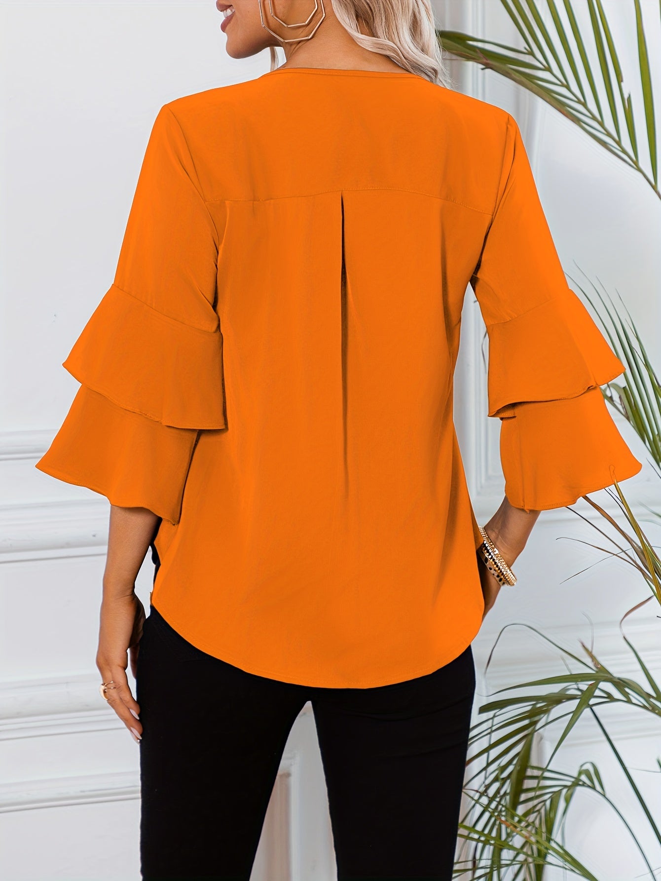 Ruffle Sleeve Blouse With Round Neckline For Women - Rebooters