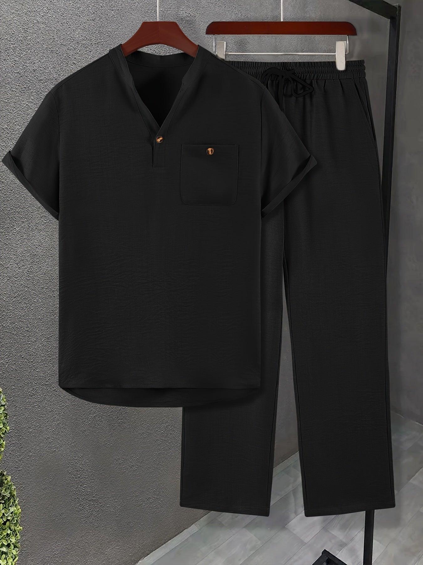Solid Color Casual Buttoned V Neck Men Set for Effortless Style Rebooters mens 2 piece set