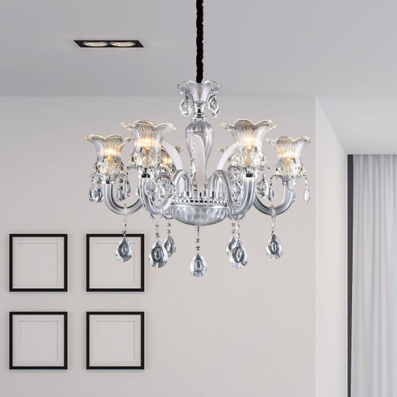 Silver 6/8 Lights Chandelier Light Traditional Clear Ribbed Glass Flower Pendant Lamp - Rebooters