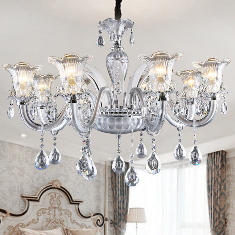Silver 6/8 Lights Chandelier Light Traditional Clear Ribbed Glass Flower Pendant Lamp - Rebooters
