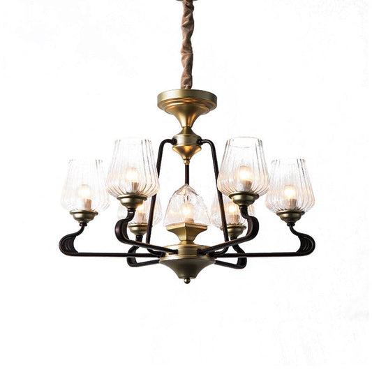 7-Head Clear Ribbed Glass Pendant Antique Black Tulip Chandelier - Rebooters