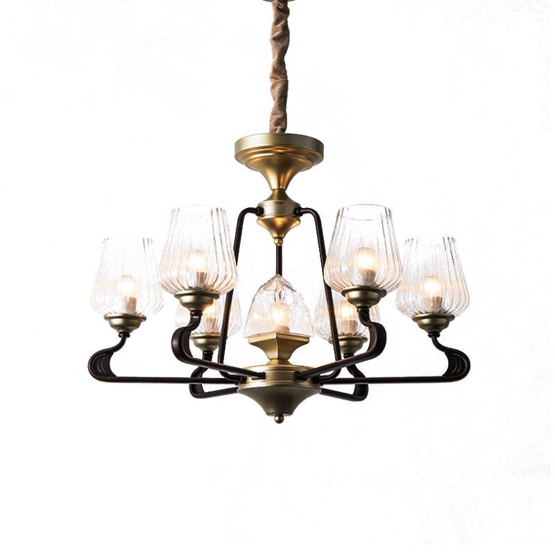 7-Head Clear Ribbed Glass Pendant Antique Black Tulip Chandelier - Rebooters