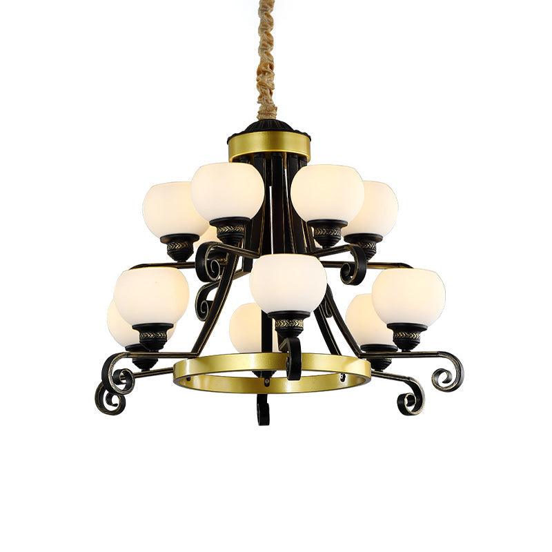 12 Bulbs 2-Tier Pendulum Lighting Classic Black Frosted Glass Ceiling Chandelier - Rebooters