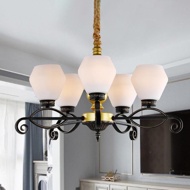 5-Head Opal Glass Chandelier Light Antique Black Hexagon Lamp - Rebooters