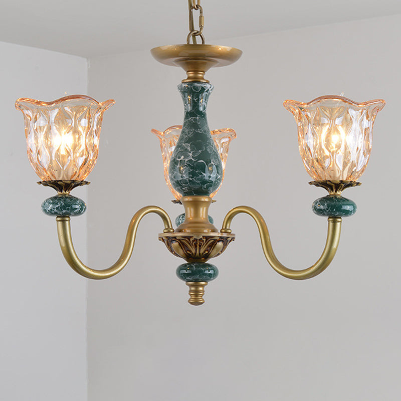 Countryside Flower Pendant Chandelier Tan Glass Brass Light - Rebooters