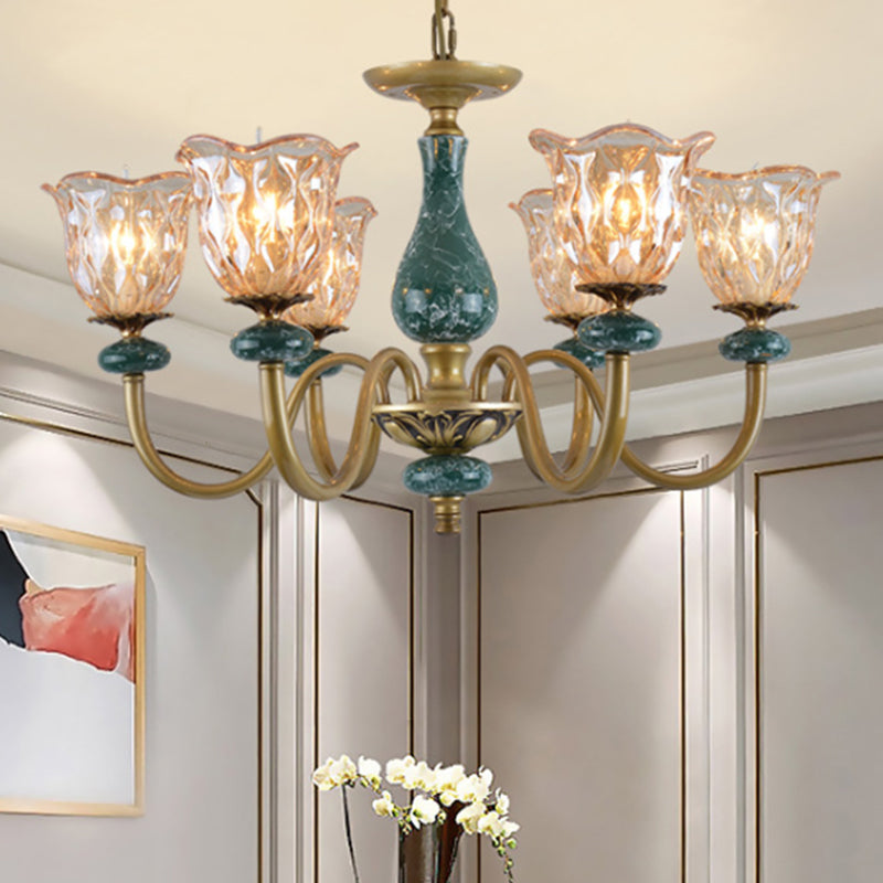 Countryside Flower Pendant Chandelier Tan Glass Brass Light - Rebooters
