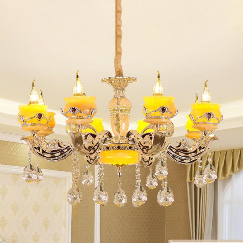 6/8 Lights Jade Ceiling Chandelier Antique Gold Candelabra Pendant - Rebooters