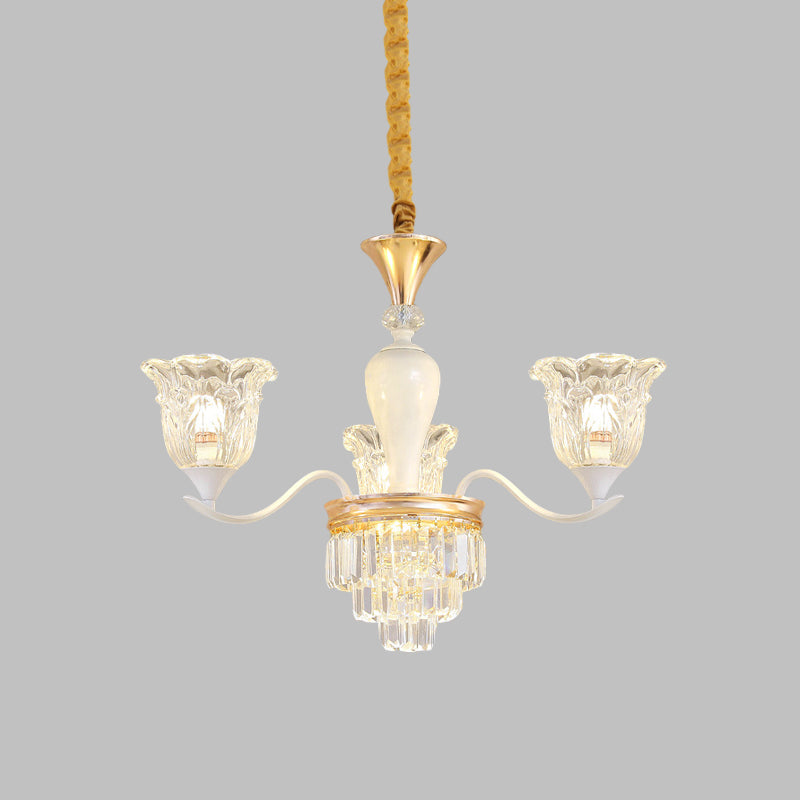 Blossom Bedroom Chandelier Lamp Traditional Clear Crystal Glass 3/6-Head Gold Pendant - Rebooters