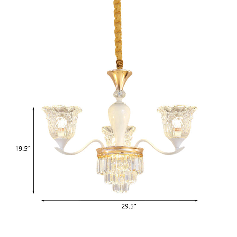 Blossom Bedroom Chandelier Lamp Traditional Clear Crystal Glass 3/6-Head Gold Pendant - Rebooters