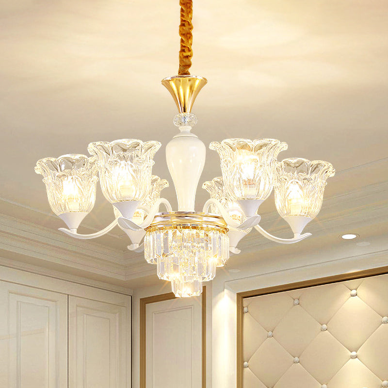 Blossom Bedroom Chandelier Lamp Traditional Clear Crystal Glass 3/6-Head Gold Pendant - Rebooters