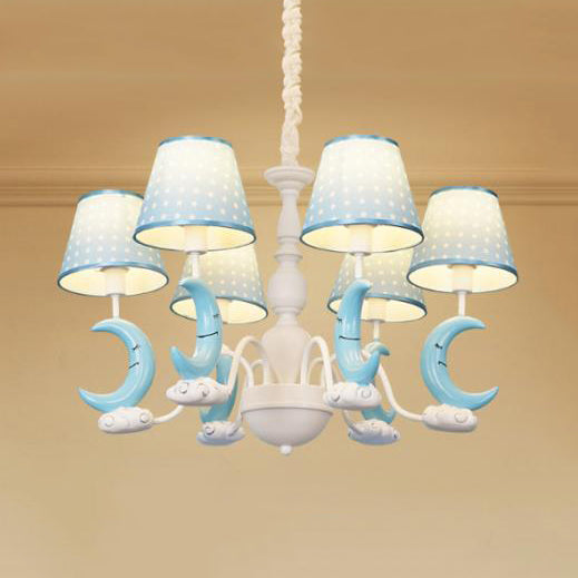 Bedroom Tapered Shade Hanging Lamp with Crescent Metal Cartoon Blue Chandelier - Rebooters