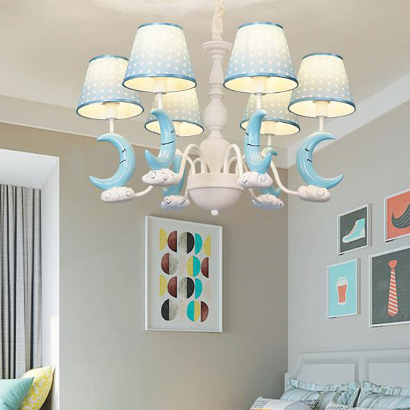 Bedroom Tapered Shade Hanging Lamp with Crescent Metal Cartoon Blue Chandelier - Rebooters