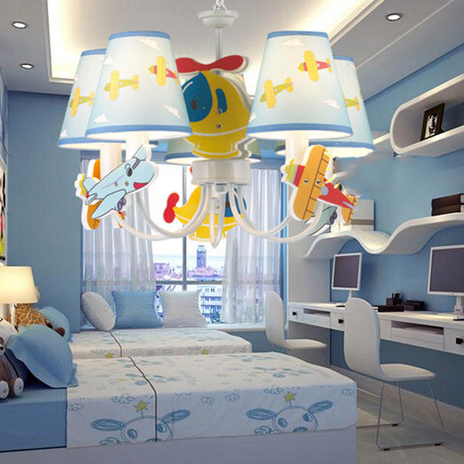 Kindergarten Tapered Shade Hanging Ceiling Lamp with Car Fabric Cartoon Chandelier in Blue - Rebooters