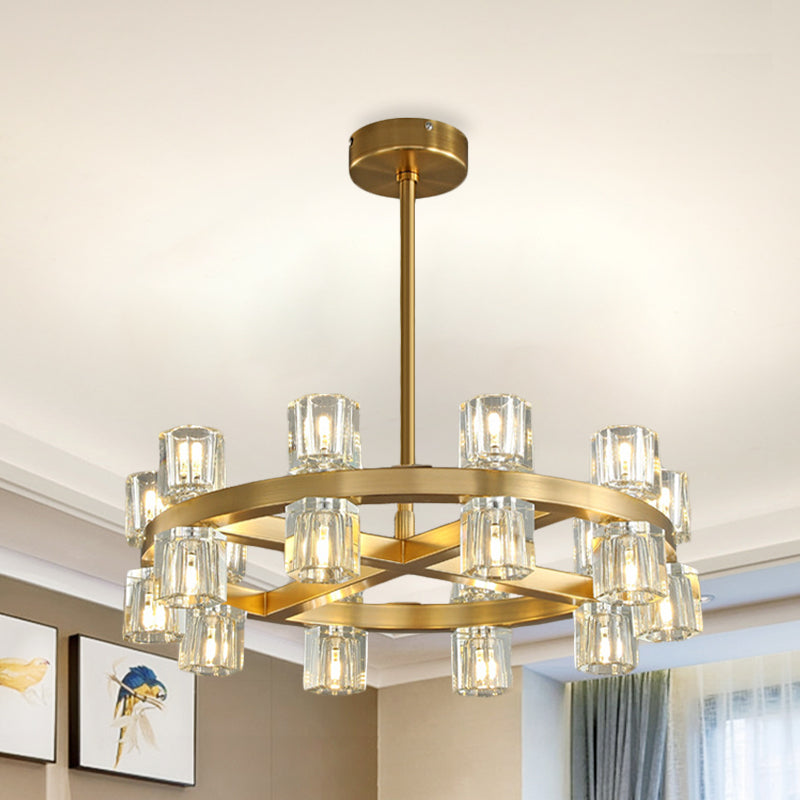 Brass Crossed Circle Chandelier Postmodern Crystal Prism 20-Light - Rebooters
