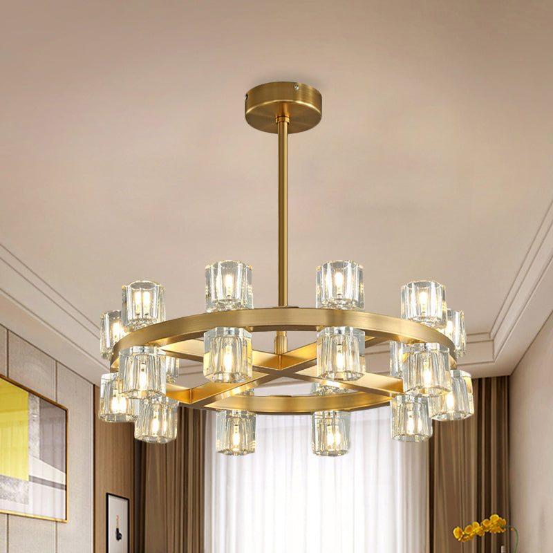 Brass Crossed Circle Chandelier Postmodern Crystal Prism 20-Light - Rebooters