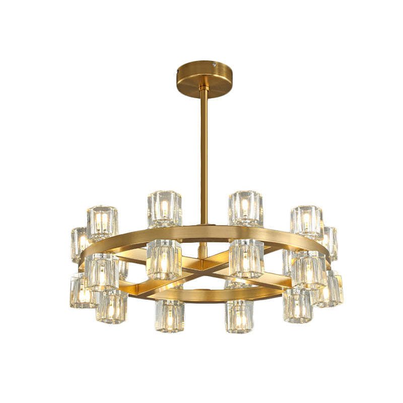 Brass Crossed Circle Chandelier Postmodern Crystal Prism 20-Light - Rebooters