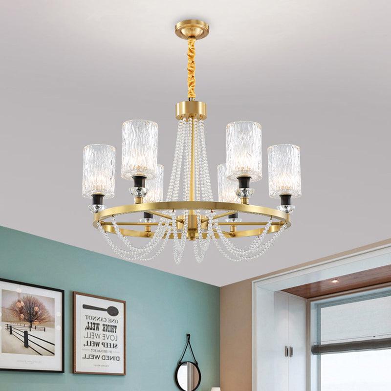 6-Head Cylinder Chandelier Lamp Postmodern Gold Wavy Crystal Light - Rebooters
