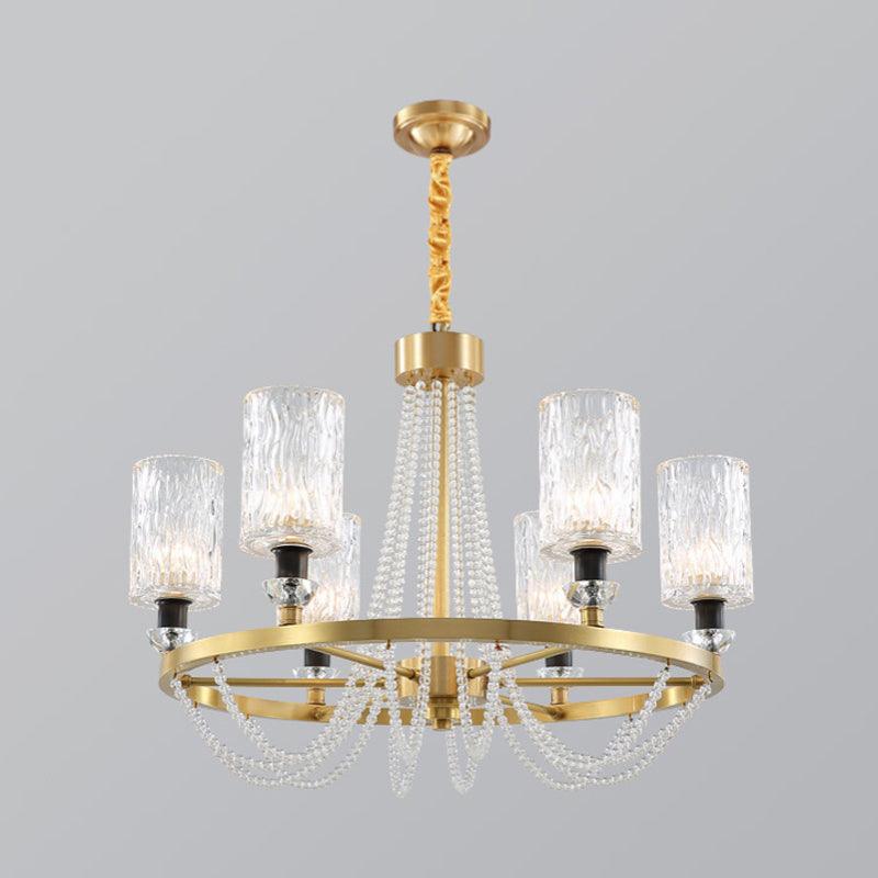 6-Head Cylinder Chandelier Lamp Postmodern Gold Wavy Crystal Light - Rebooters