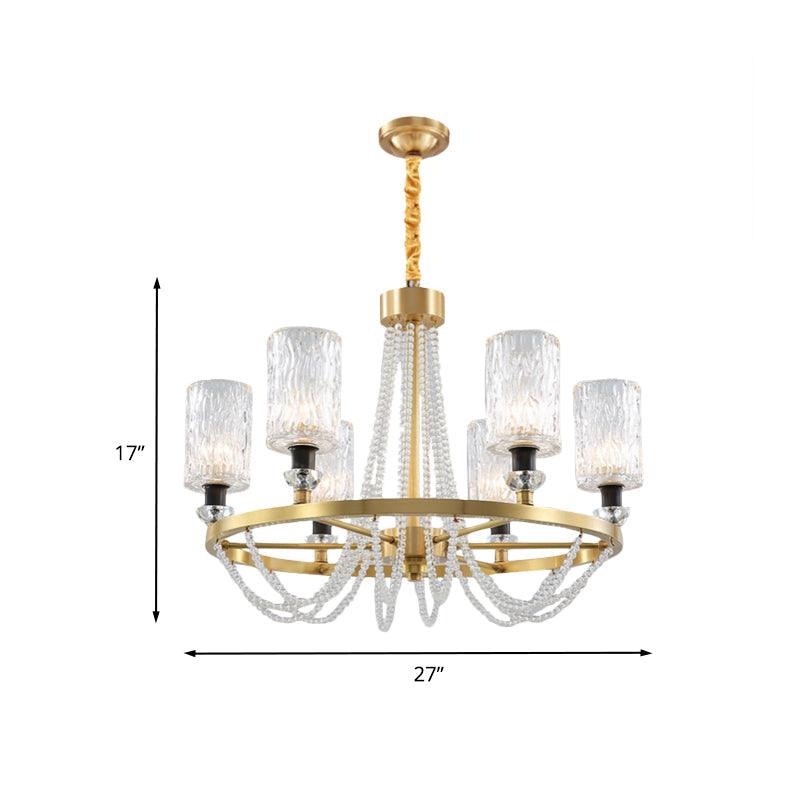 6-Head Cylinder Chandelier Lamp Postmodern Gold Wavy Crystal Light - Rebooters