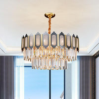 Tiered Bedroom Chandelier Lamp Modernism Clear Crystal 10 Heads Black and Gold Pendant - Rebooters
