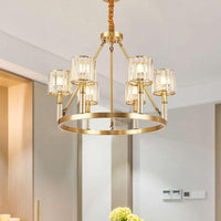 6-Head Crystal Suspension Light Modern Brass Cylinder Chandelier - Rebooters
