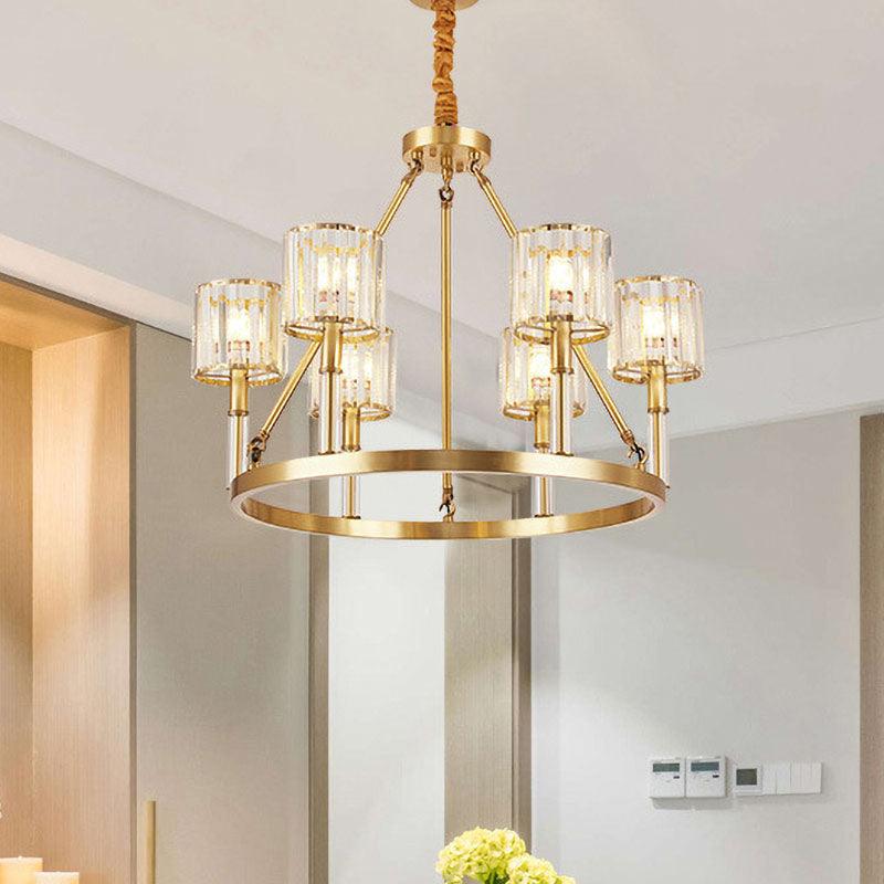 6-Head Crystal Suspension Light Modern Brass Cylinder Chandelier - Rebooters