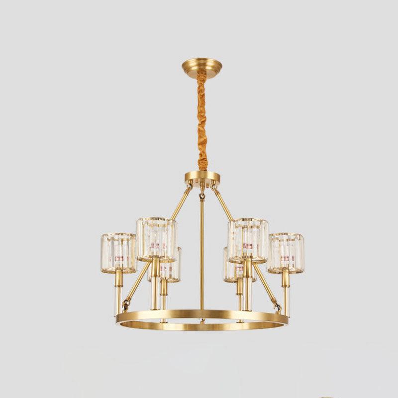 6-Head Crystal Suspension Light Modern Brass Cylinder Chandelier - Rebooters