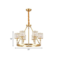 6-Head Crystal Suspension Light Modern Brass Cylinder Chandelier - Rebooters