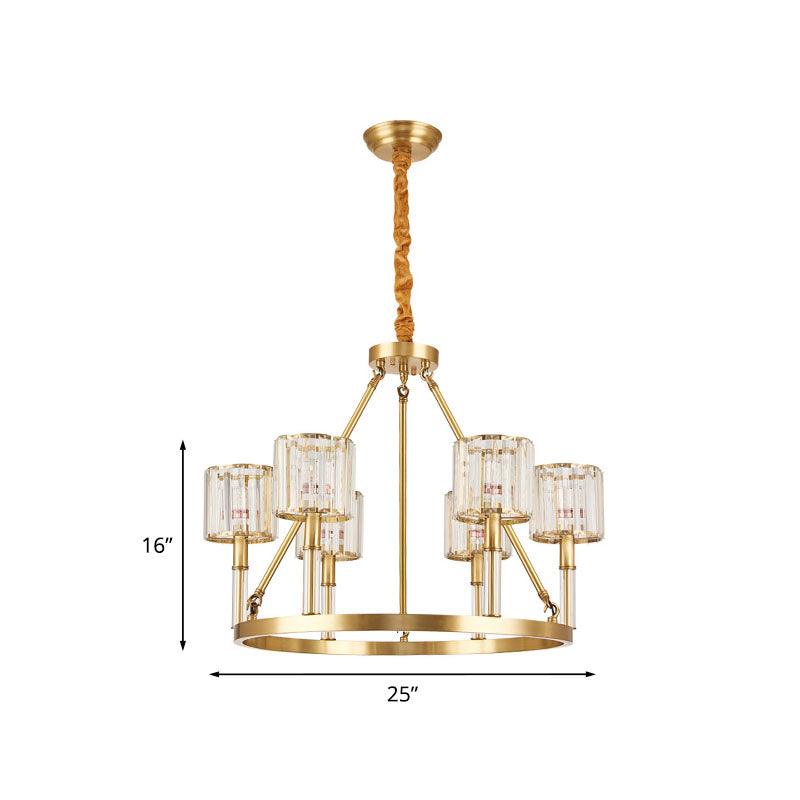 6-Head Crystal Suspension Light Modern Brass Cylinder Chandelier - Rebooters