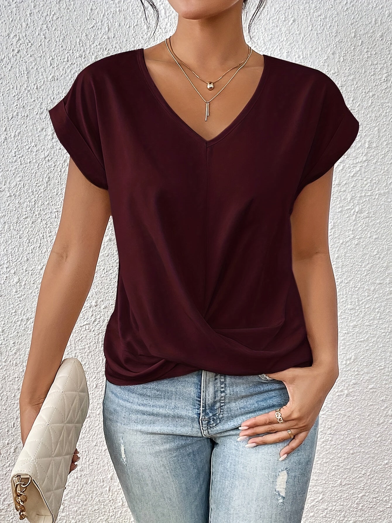 V-Neck Blouse With Draped Front Design For Women - Rebooters