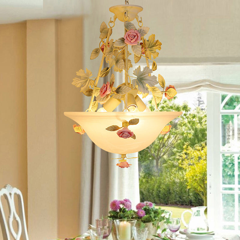 3-Light Inverted Hat Shade Chandelier American Flower Green Opaline Glass Ceiling Pendant Lamp - Rebooters