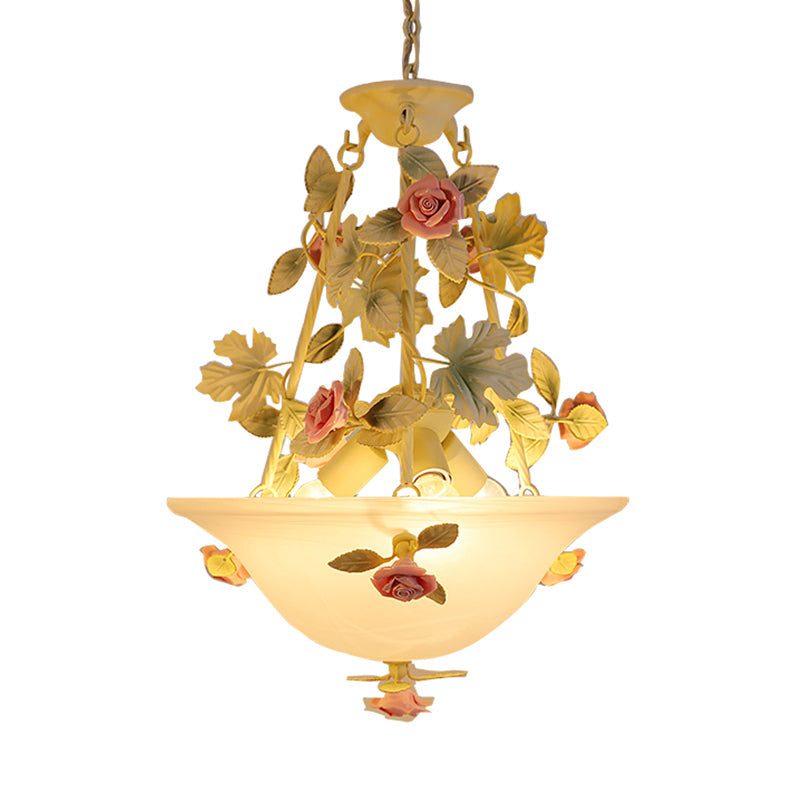 3-Light Inverted Hat Shade Chandelier American Flower Green Opaline Glass Ceiling Pendant Lamp - Rebooters