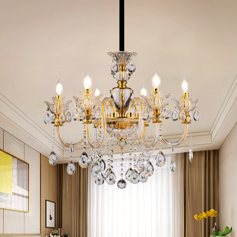 Mid-Century Candle Chandelier 6 Heads Clear Crystal Light Gold - Rebooters