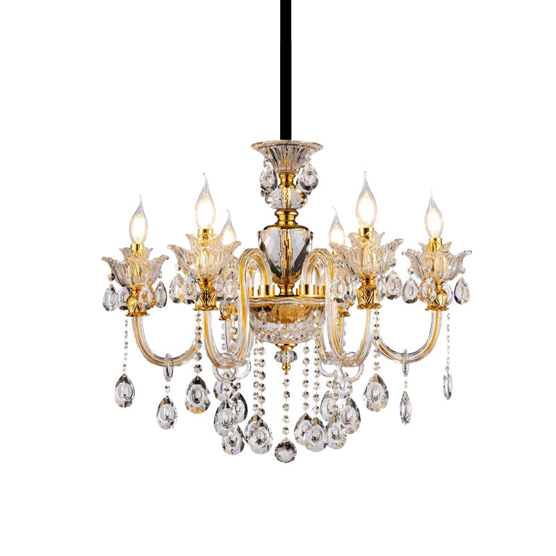Mid-Century Candle Chandelier 6 Heads Clear Crystal Light Gold - Rebooters