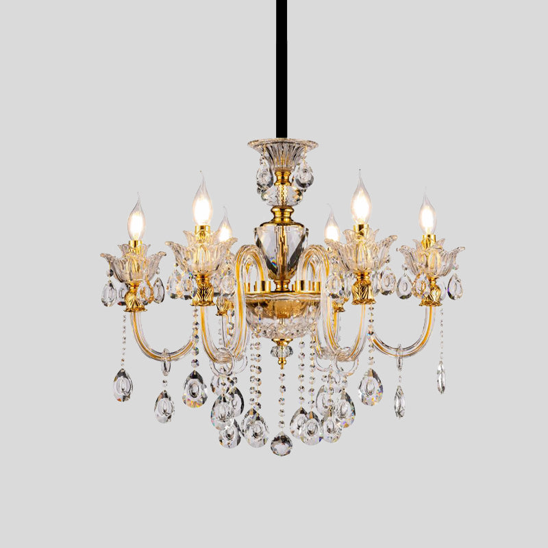 Mid-Century Candle Chandelier 6 Heads Clear Crystal Light Gold - Rebooters