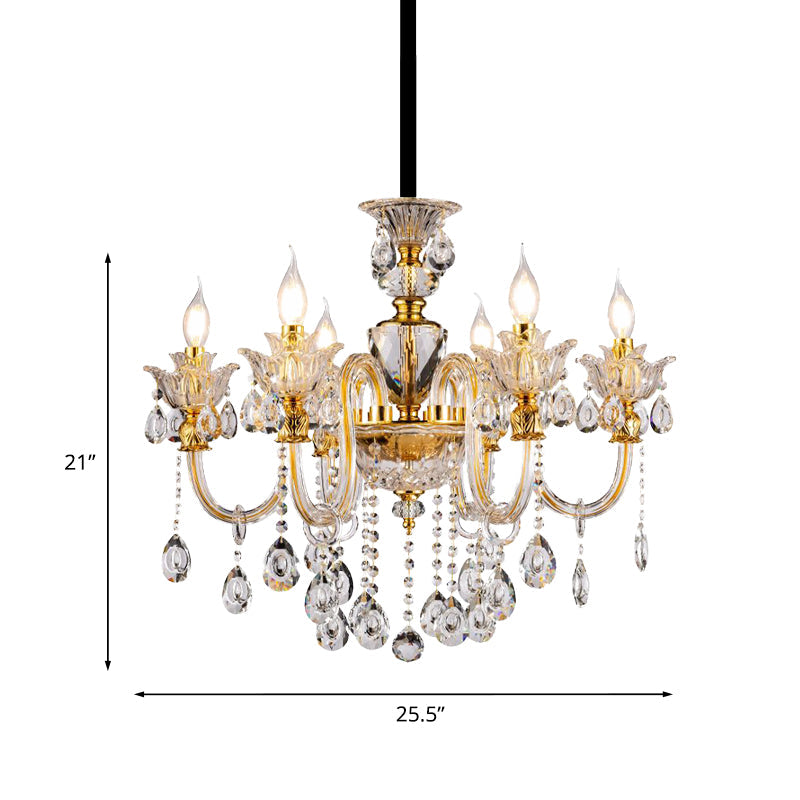 Mid-Century Candle Chandelier 6 Heads Clear Crystal Light Gold - Rebooters