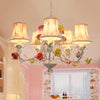 5 Heads Floral Print Fabric Chandelier White-Red Pendant Light - Rebooters