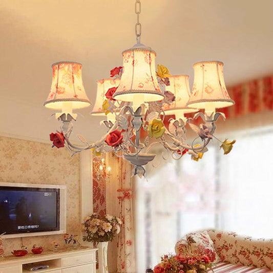 5 Heads Floral Print Fabric Chandelier White-Red Pendant Light - Rebooters