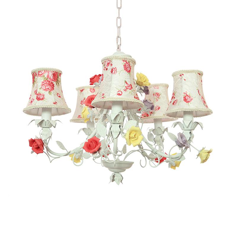 5 Heads Floral Print Fabric Chandelier White-Red Pendant Light - Rebooters