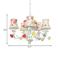 5 Heads Floral Print Fabric Chandelier White-Red Pendant Light - Rebooters